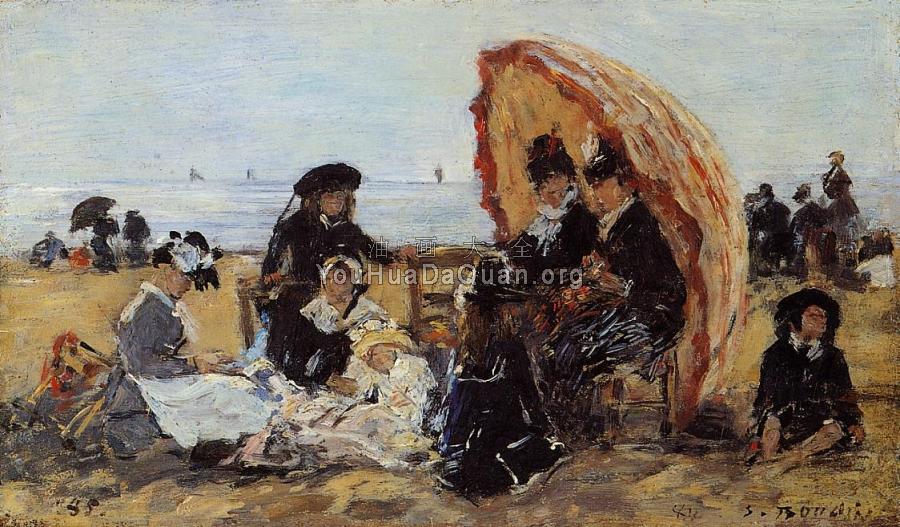 Trouville, on the Beach Sheltered by a Parasol - 尤金·布丹